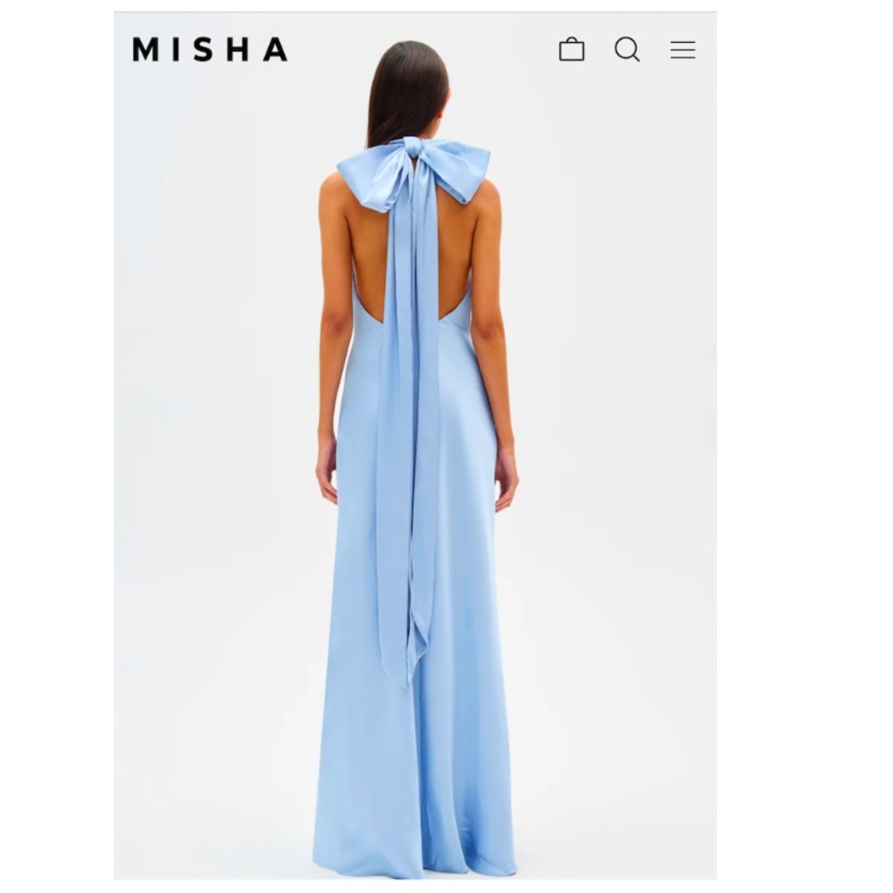 MISHA Evianna Satin Gown in Baby Blue. Backless gown with bow. NWT never worn!